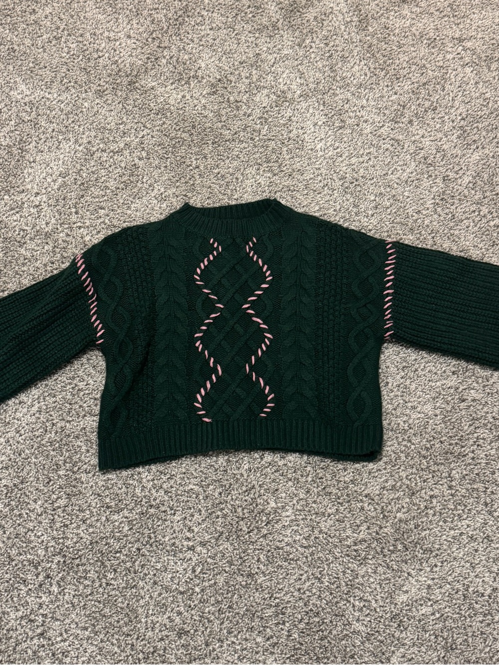 Altar'd State Dark Green Cable Knit Sweater with Pink Stitching - Picture 2 of 2